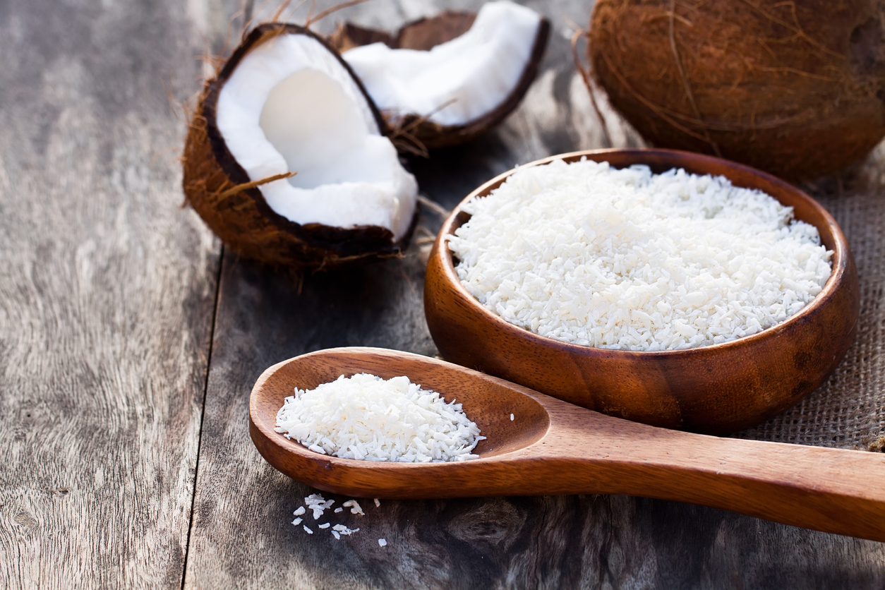 Dessicated coconut in a coconut shell